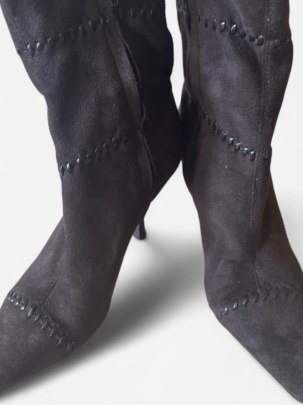Brown Suede Pointed-Toe Kitten Heel Boots